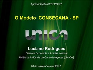 Apresentação BEEFPOINT




O Modelo CONSECANA - SP




       Luciano Rodrigues
      Gerente Economia e Análise setorial
 União da Indústria da Cana-de-Açúcar (UNICA)


          18 de novembros de 2012
 