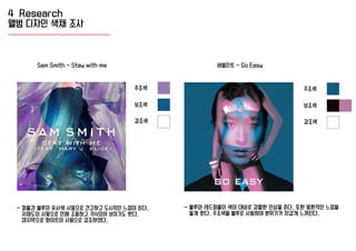 4 Research
앨범 디자인 색채 조사
- 퍼플과 블루의 유사색 사용으로 견고하고 도시적인 느낌이 든다.
저채도의 사용으로 인해 조용하고 격식있어 보이기도 한다.
마지막으로 화이트의 사용으로 강조하였다.
- 블루와 레드퍼플의 색의 대비로 강렬한 인상을 준다. 또한 몽환적인 느낌을
들게 한다. 주조색을 블루로 사용하여 분위기가 차갑게 느껴진다.
주조색
보조색
강조색
주조색
보조색
강조색
Sam Smith - Stay with me 버벌진트 - Go Easy
 