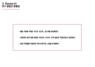 3 Research
연구 방법과 방향성
- 앨범 커버에 적용된 주조색, 보조색, 강조색을 분류해본다
- 색상환의 분류 중에 어떠한 색(보색, 유사색, 단색 등등)이 적용되었는지 알아본다
- 실제 작업물에 적용하여 색의 분위기와 느낌을 분석해본다
 