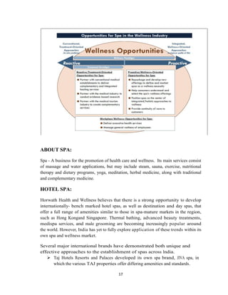 17
ABOUT SPA:
Spa - A business for the promotion of health care and wellness. Its main services consist
of massage and water applications, but may include steam, sauna, exercise, nutritional
therapy and dietary programs, yoga, meditation, herbal medicine, along with traditional
and complementary medicine.
HOTEL SPA:
Horwath Health and Wellness believes that there is a strong opportunity to develop
internationally- bench marked hotel spas, as well as destination and day spas, that
offer a full range of amenities similar to those in spa-mature markets in the region,
such as Hong Kongand Singapore. Thermal bathing, advanced beauty treatments,
medispa services, and male grooming are becoming increasingly popular around
the world. However, India has yet to fully explore application of these trends within its
own spa and wellness market.
Several major international brands have demonstrated both unique and
effective approaches to the establishment of spas across India.
 Taj Hotels Resorts and Palaces developed its own spa brand, JIVA spa, in
which the various TAJ properties offer differing amenities and standards.
 