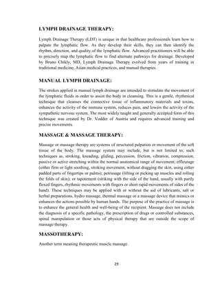 29
LYMPH DRAINAGE THERAPY:
Lymph Drainage Therapy (LDT) is unique in that healthcare professionals learn how to
palpate the lymphatic flow. As they develop their skills, they can then identify the
rhythm, direction, and quality of the lymphatic flow. Advanced practitioners will be able
to precisely map the lymphatic flow to find alternate pathways for drainage. Developed
by Bruno Chikly, MD, Lymph Drainage Therapy evolved from years of training in
traditional medicine, Asian medical practices, and manual therapies.
MANUAL LYMPH DRAINAGE:
The strokes applied in manual lymph drainage are intended to stimulate the movement of
the lymphatic fluids in order to assist the body in cleansing. This is a gentle, rhythmical
technique that cleanses the connective tissue of inflammatory materials and toxins,
enhances the activity of the immune system, reduces pain, and lowers the activity of the
sympathetic nervous system. The most widely taught and generally accepted form of this
technique was created by Dr. Vodder of Austria and requires advanced training and
precise movements.
MASSAGE & MASSAGE THERAPY:
Massage or massage therapy are systems of structured palpation or movement of the soft
tissue of the body. The massage system may include, but is not limited to, such
techniques as, stroking, kneading, gliding, percussion, friction, vibration, compression,
passive or active stretching within the normal anatomical range of movement; effleurage
(either firm or light soothing, stroking movement, without dragging the skin, using either
padded parts of fingertips or palms); petrissage (lifting or picking up muscles and rolling
the folds of skin); or tapotement (striking with the side of the hand, usually with partly
flexed fingers, rhythmic movements with fingers or short rapid movements of sides of the
hand). These techniques may be applied with or without the aid of lubricants, salt or
herbal preparations, hydro massage, thermal massage or a massage device that mimics or
enhances the actions possible by human hands. The purpose of the practice of massage is
to enhance the general health and well-being of the recipient. Massage does not include
the diagnosis of a specific pathology, the prescription of drugs or controlled substances,
spinal manipulation or those acts of physical therapy that are outside the scope of
massage therapy.
MASSOTHERAPY:
Another term meaning therapeutic muscle massage.
 