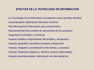 La Tecnología de la información ha originado nueve grandes cambios: Automatización (eliminación del factor humano) Rol informacional (información para comprensión) Secuencial (permite cambios en secuencias de los procesos) Seguimiento periódico y monitoreo Impacto analítico   (mejoramiento del análisis y decisiones) Impacto geográfico   (coordinar procesos a distancias) Impacto integrativo ( c oordinación entre tareas y procesos) Impacto intelectual (capturar y distribuir activos intelectuales) Impacto desintermediador (eliminación de intermediarios) EFECTOS DE LA T ECNOLOGIA DE  I NFORMACION 