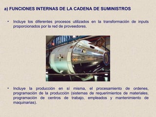 a) FUNCIONES INTERNAS DE LA CADENA DE SUMINISTROS Incluye los diferentes procesos utilizados en la transformación de inputs proporcionados por la red de proveedores. Incluye la producción en sí misma, el procesamiento de ordenes, programación de la producción (sistemas de requerimientos de materiales, programación de centros de trabajo, empleados y mantenimiento de maquinarias). 