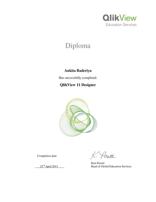 Diploma
Ankita Baderiya
Has successfully completed:
QlikView 11 Designer
Completion date:
Kim Peretti
23rd
April 2013 Head of Global Education Services
 