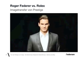 Roger Federer vs. Rolex
     Imagetransfer von Prestige




17   «Von der Strategie zum Image – die Geheimnisse erfolgreicher Markenführung»  Identity id-ee Blog
 
