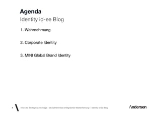 Agenda
    Identity id-ee Blog
    1. Wahrnehmung


    2. Corporate Identity


    3. MINI Global Brand Identity




4   «Von der Strategie zum Image – die Geheimnisse erfolgreicher Markenführung»  Identity id-ee Blog
 