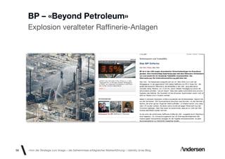 BP – «Beyond Petroleum»
     Explosion veralteter Rafﬁnerie-Anlagen




56   «Von der Strategie zum Image – die Geheimnisse erfolgreicher Markenführung»  Identity id-ee Blog
 