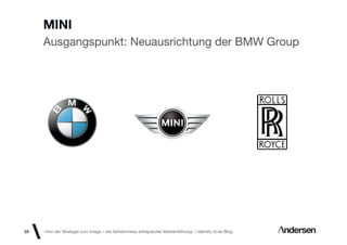 MINI
     Ausgangspunkt: Neuausrichtung der BMW Group




68   «Von der Strategie zum Image – die Geheimnisse erfolgreicher Markenführung»  Identity id-ee Blog
 