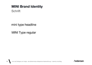 MINI Brand Identity
     Schrift



     mini type headline

     MINI Type regular




72   «Von der Strategie zum Image – die Geheimnisse erfolgreicher Markenführung»  Identity id-ee Blog
 