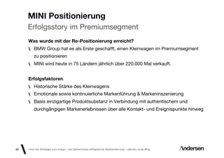 MINI Positionierung
     Erfolgsstory im Premiumsegment
     Was wurde mit der Re-Positionierung erreicht?
         BMW Group hat es als Erste geschafft, einen Kleinwagen im Premiumsegment
         zu positionieren
         MINI wird heute in 75 Ländern jährlich über 220.000 Mal verkauft.


     Erfolgsfaktoren
         Historische Stärke des Kleinwagens
         Emotionale sowie kontinuierliche Markenführung & Markeninszenierung
         Basis einzigartige Produktsubstanz in Verbindung mit authentischem und
         durchgängigen Markenerlebnissen über alle Kontakt- und Ereignispunkte hinweg




85   «Von der Strategie zum Image – die Geheimnisse erfolgreicher Markenführung»  Identity id-ee Blog
 