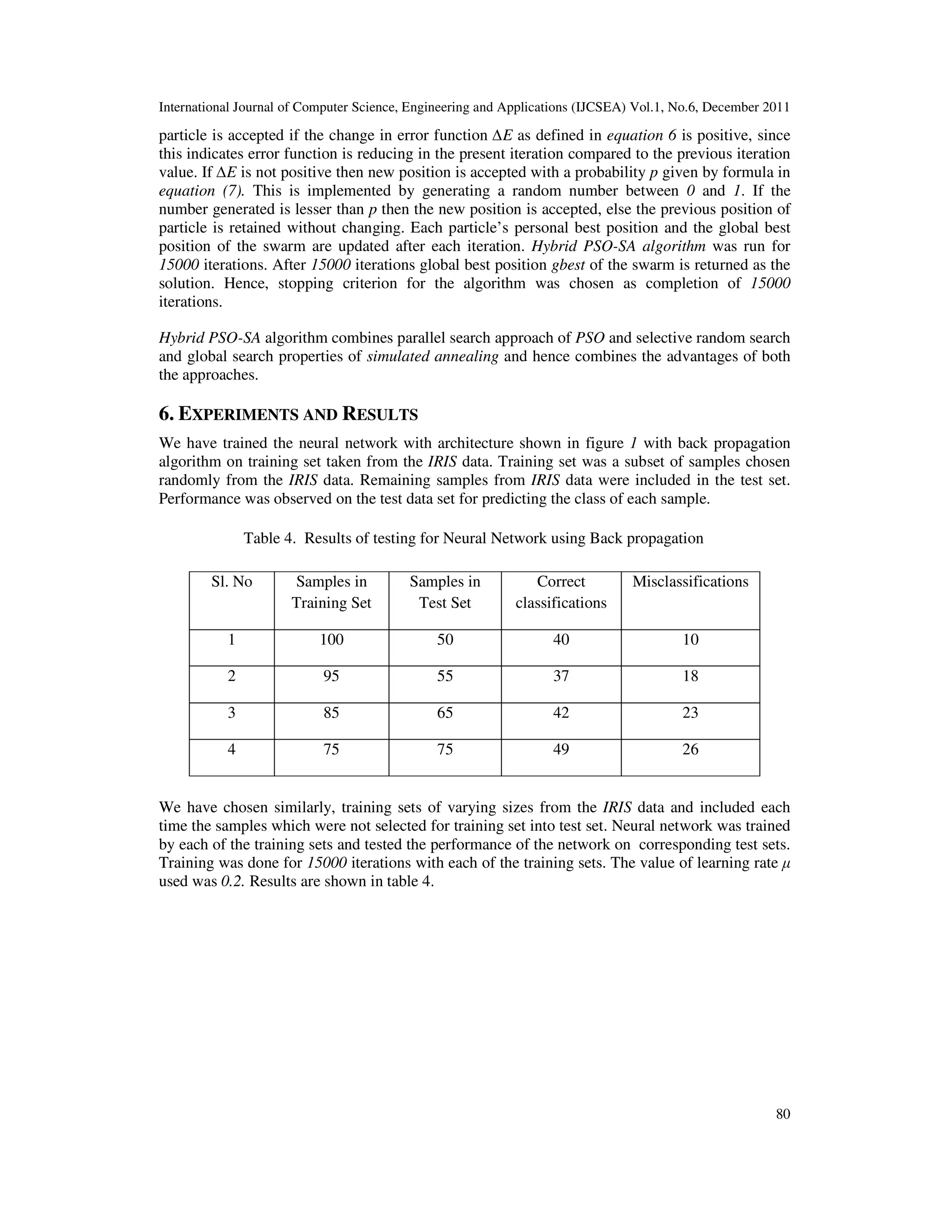 International Journal of Computer Science, Engineering and Applications (IJCSEA) Vol.1, No.6, December 2011
80
particle is accepted if the change in error function ∆E as defined in equation 6 is positive, since
this indicates error function is reducing in the present iteration compared to the previous iteration
value. If ∆E is not positive then new position is accepted with a probability p given by formula in
equation (7). This is implemented by generating a random number between 0 and 1. If the
number generated is lesser than p then the new position is accepted, else the previous position of
particle is retained without changing. Each particle’s personal best position and the global best
position of the swarm are updated after each iteration. Hybrid PSO-SA algorithm was run for
15000 iterations. After 15000 iterations global best position gbest of the swarm is returned as the
solution. Hence, stopping criterion for the algorithm was chosen as completion of 15000
iterations.
Hybrid PSO-SA algorithm combines parallel search approach of PSO and selective random search
and global search properties of simulated annealing and hence combines the advantages of both
the approaches.
6. EXPERIMENTS AND RESULTS
We have trained the neural network with architecture shown in figure 1 with back propagation
algorithm on training set taken from the IRIS data. Training set was a subset of samples chosen
randomly from the IRIS data. Remaining samples from IRIS data were included in the test set.
Performance was observed on the test data set for predicting the class of each sample.
Table 4. Results of testing for Neural Network using Back propagation
Sl. No Samples in
Training Set
Samples in
Test Set
Correct
classifications
Misclassifications
1 100 50 40 10
2 95 55 37 18
3 85 65 42 23
4 75 75 49 26
We have chosen similarly, training sets of varying sizes from the IRIS data and included each
time the samples which were not selected for training set into test set. Neural network was trained
by each of the training sets and tested the performance of the network on corresponding test sets.
Training was done for 15000 iterations with each of the training sets. The value of learning rate µ
used was 0.2. Results are shown in table 4.
 