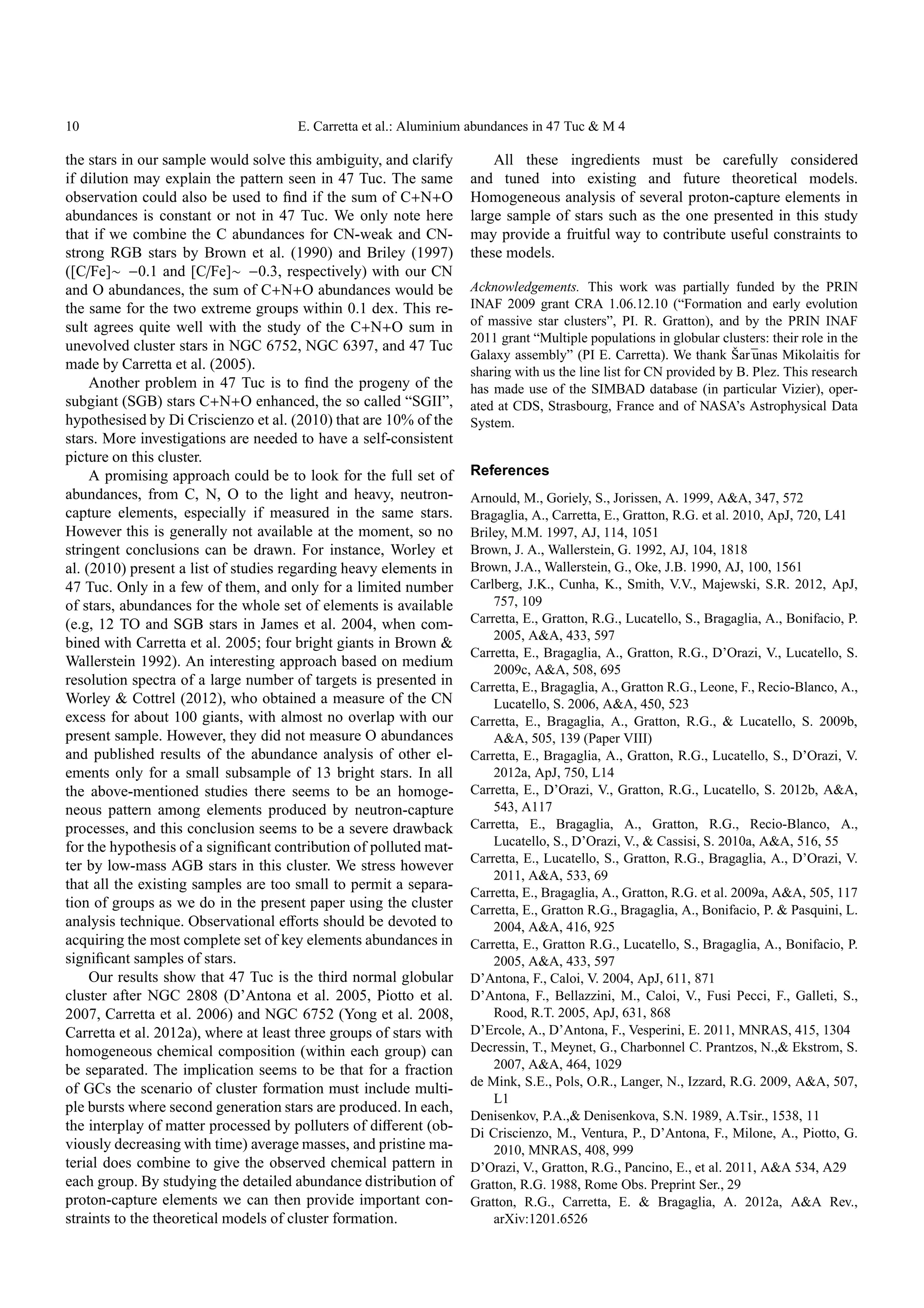 10                                    E. Carretta et al.: Aluminium abundances in 47 Tuc & M 4

the stars in our sample would solve this ambiguity, and clarify         All these ingredients must be carefully considered
if dilution may explain the pattern seen in 47 Tuc. The same        and tuned into existing and future theoretical models.
observation could also be used to ﬁnd if the sum of C+N+O           Homogeneous analysis of several proton-capture elements in
abundances is constant or not in 47 Tuc. We only note here          large sample of stars such as the one presented in this study
that if we combine the C abundances for CN-weak and CN-             may provide a fruitful way to contribute useful constraints to
strong RGB stars by Brown et al. (1990) and Briley (1997)           these models.
([C/Fe]∼ −0.1 and [C/Fe]∼ −0.3, respectively) with our CN
and O abundances, the sum of C+N+O abundances would be              Acknowledgements. This work was partially funded by the PRIN
the same for the two extreme groups within 0.1 dex. This re-        INAF 2009 grant CRA 1.06.12.10 (“Formation and early evolution
sult agrees quite well with the study of the C+N+O sum in           of massive star clusters”, PI. R. Gratton), and by the PRIN INAF
                                                                    2011 grant “Multiple populations in globular clusters: their role in the
unevolved cluster stars in NGC 6752, NGC 6397, and 47 Tuc                                                           ˇ u
                                                                    Galaxy assembly” (PI E. Carretta). We thank Sar¯ nas Mikolaitis for
made by Carretta et al. (2005).                                     sharing with us the line list for CN provided by B. Plez. This research
     Another problem in 47 Tuc is to ﬁnd the progeny of the         has made use of the SIMBAD database (in particular Vizier), oper-
subgiant (SGB) stars C+N+O enhanced, the so called “SGII”,          ated at CDS, Strasbourg, France and of NASA’s Astrophysical Data
hypothesised by Di Criscienzo et al. (2010) that are 10% of the     System.
stars. More investigations are needed to have a self-consistent
picture on this cluster.
     A promising approach could be to look for the full set of      References
abundances, from C, N, O to the light and heavy, neutron-           Arnould, M., Goriely, S., Jorissen, A. 1999, A&A, 347, 572
capture elements, especially if measured in the same stars.         Bragaglia, A., Carretta, E., Gratton, R.G. et al. 2010, ApJ, 720, L41
However this is generally not available at the moment, so no        Briley, M.M. 1997, AJ, 114, 1051
stringent conclusions can be drawn. For instance, Worley et         Brown, J. A., Wallerstein, G. 1992, AJ, 104, 1818
al. (2010) present a list of studies regarding heavy elements in    Brown, J.A., Wallerstein, G., Oke, J.B. 1990, AJ, 100, 1561
47 Tuc. Only in a few of them, and only for a limited number        Carlberg, J.K., Cunha, K., Smith, V.V., Majewski, S.R. 2012, ApJ,
of stars, abundances for the whole set of elements is available         757, 109
(e.g, 12 TO and SGB stars in James et al. 2004, when com-           Carretta, E., Gratton, R.G., Lucatello, S., Bragaglia, A., Bonifacio, P.
                                                                        2005, A&A, 433, 597
bined with Carretta et al. 2005; four bright giants in Brown &
                                                                    Carretta, E., Bragaglia, A., Gratton, R.G., D’Orazi, V., Lucatello, S.
Wallerstein 1992). An interesting approach based on medium
                                                                        2009c, A&A, 508, 695
resolution spectra of a large number of targets is presented in     Carretta, E., Bragaglia, A., Gratton R.G., Leone, F., Recio-Blanco, A.,
Worley & Cottrel (2012), who obtained a measure of the CN               Lucatello, S. 2006, A&A, 450, 523
excess for about 100 giants, with almost no overlap with our        Carretta, E., Bragaglia, A., Gratton, R.G., & Lucatello, S. 2009b,
present sample. However, they did not measure O abundances              A&A, 505, 139 (Paper VIII)
and published results of the abundance analysis of other el-        Carretta, E., Bragaglia, A., Gratton, R.G., Lucatello, S., D’Orazi, V.
ements only for a small subsample of 13 bright stars. In all            2012a, ApJ, 750, L14
the above-mentioned studies there seems to be an homoge-            Carretta, E., D’Orazi, V., Gratton, R.G., Lucatello, S. 2012b, A&A,
neous pattern among elements produced by neutron-capture                543, A117
processes, and this conclusion seems to be a severe drawback        Carretta, E., Bragaglia, A., Gratton, R.G., Recio-Blanco, A.,
for the hypothesis of a signiﬁcant contribution of polluted mat-        Lucatello, S., D’Orazi, V., & Cassisi, S. 2010a, A&A, 516, 55
                                                                    Carretta, E., Lucatello, S., Gratton, R.G., Bragaglia, A., D’Orazi, V.
ter by low-mass AGB stars in this cluster. We stress however
                                                                        2011, A&A, 533, 69
that all the existing samples are too small to permit a separa-
                                                                    Carretta, E., Bragaglia, A., Gratton, R.G. et al. 2009a, A&A, 505, 117
tion of groups as we do in the present paper using the cluster      Carretta, E., Gratton R.G., Bragaglia, A., Bonifacio, P. & Pasquini, L.
analysis technique. Observational eﬀorts should be devoted to           2004, A&A, 416, 925
acquiring the most complete set of key elements abundances in       Carretta, E., Gratton R.G., Lucatello, S., Bragaglia, A., Bonifacio, P.
signiﬁcant samples of stars.                                            2005, A&A, 433, 597
     Our results show that 47 Tuc is the third normal globular      D’Antona, F., Caloi, V. 2004, ApJ, 611, 871
cluster after NGC 2808 (D’Antona et al. 2005, Piotto et al.         D’Antona, F., Bellazzini, M., Caloi, V., Fusi Pecci, F., Galleti, S.,
2007, Carretta et al. 2006) and NGC 6752 (Yong et al. 2008,             Rood, R.T. 2005, ApJ, 631, 868
Carretta et al. 2012a), where at least three groups of stars with   D’Ercole, A., D’Antona, F., Vesperini, E. 2011, MNRAS, 415, 1304
homogeneous chemical composition (within each group) can            Decressin, T., Meynet, G., Charbonnel C. Prantzos, N.,& Ekstrom, S.
be separated. The implication seems to be that for a fraction           2007, A&A, 464, 1029
                                                                    de Mink, S.E., Pols, O.R., Langer, N., Izzard, R.G. 2009, A&A, 507,
of GCs the scenario of cluster formation must include multi-
                                                                        L1
ple bursts where second generation stars are produced. In each,
                                                                    Denisenkov, P.A.,& Denisenkova, S.N. 1989, A.Tsir., 1538, 11
the interplay of matter processed by polluters of diﬀerent (ob-     Di Criscienzo, M., Ventura, P., D’Antona, F., Milone, A., Piotto, G.
viously decreasing with time) average masses, and pristine ma-          2010, MNRAS, 408, 999
terial does combine to give the observed chemical pattern in        D’Orazi, V., Gratton, R.G., Pancino, E., et al. 2011, A&A 534, A29
each group. By studying the detailed abundance distribution of      Gratton, R.G. 1988, Rome Obs. Preprint Ser., 29
proton-capture elements we can then provide important con-          Gratton, R.G., Carretta, E. & Bragaglia, A. 2012a, A&A Rev.,
straints to the theoretical models of cluster formation.                arXiv:1201.6526
 