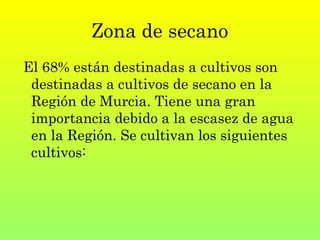 Zona de secano
 El 68% están destinadas a cultivos son
destinadas a cultivos de secano en la
Región de Murcia. Tiene una gran
importancia debido a la escasez de agua
en la Región. Se cultivan los siguientes
cultivos:
 
