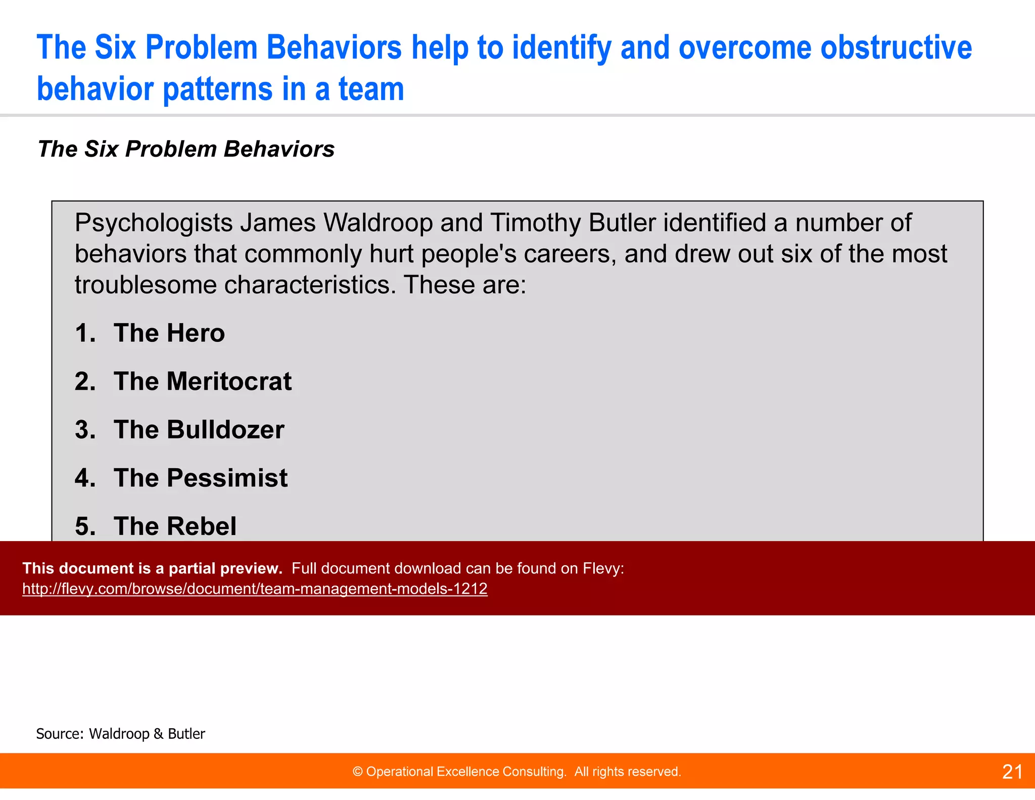 © Operational Excellence Consulting. All rights reserved. 21
The Six Problem Behaviors help to identify and overcome obstructive
behavior patterns in a team
Psychologists James Waldroop and Timothy Butler identified a number of
behaviors that commonly hurt people's careers, and drew out six of the most
troublesome characteristics. These are:
1. The Hero
2. The Meritocrat
3. The Bulldozer
4. The Pessimist
5. The Rebel
6. The Home Run Hitter
The Six Problem Behaviors
Source: Waldroop & Butler
This document is a partial preview. Full document download can be found on Flevy:
http://flevy.com/browse/document/team-management-models-1212
 
