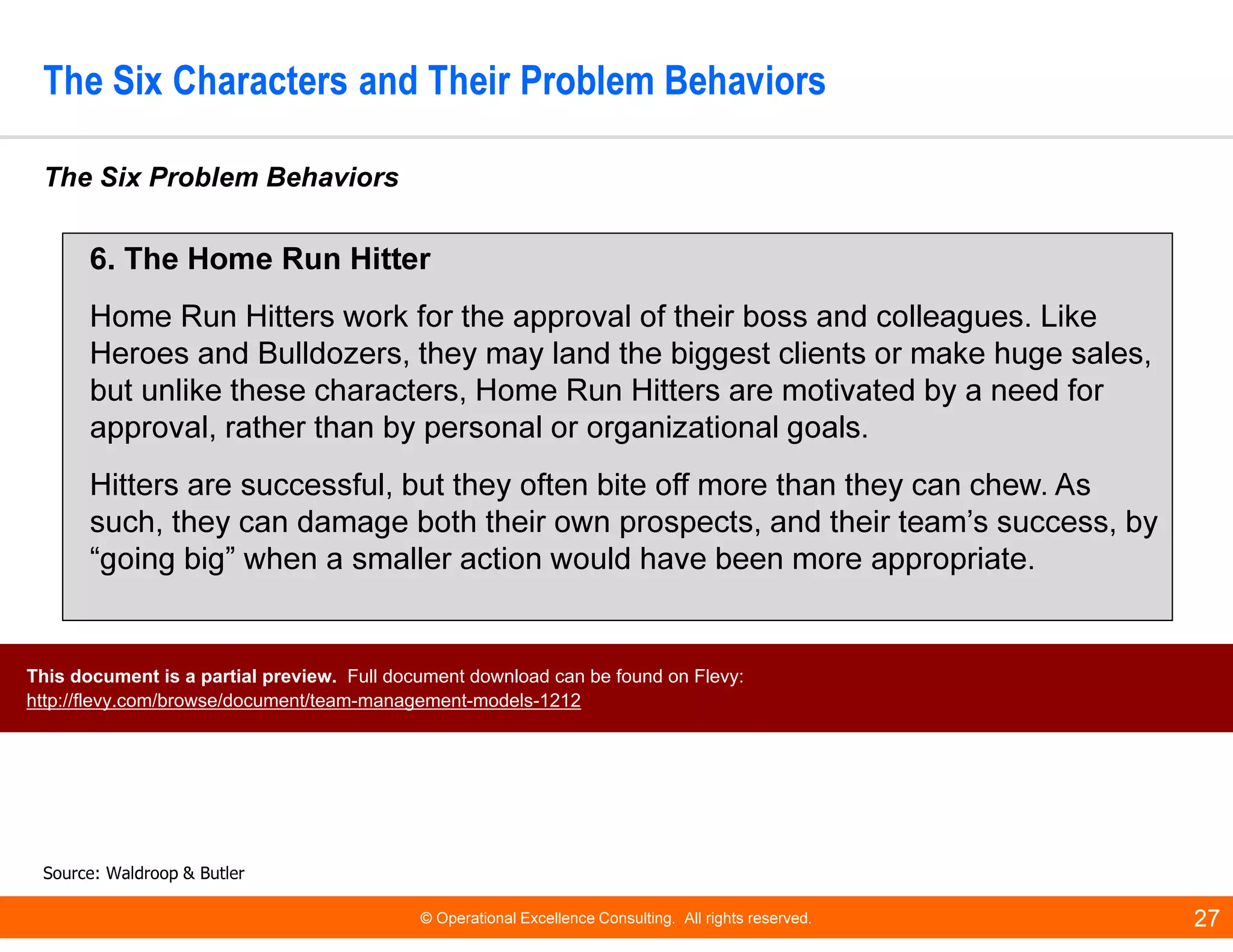 © Operational Excellence Consulting. All rights reserved. 27
The Six Characters and Their Problem Behaviors
The Six Problem Behaviors
Source: Waldroop & Butler
6. The Home Run Hitter
Home Run Hitters work for the approval of their boss and colleagues. Like
Heroes and Bulldozers, they may land the biggest clients or make huge sales,
but unlike these characters, Home Run Hitters are motivated by a need for
approval, rather than by personal or organizational goals.
Hitters are successful, but they often bite off more than they can chew. As
such, they can damage both their own prospects, and their team’s success, by
“going big” when a smaller action would have been more appropriate.
This document is a partial preview. Full document download can be found on Flevy:
http://flevy.com/browse/document/team-management-models-1212
 