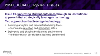 16© 2015 ELLUCIAN. CONFIDENTIAL & PROPRIETARY | Session 12120
2014 EDUCAUSE Top-Ten IT Issues
Issue #1. Improving student outcomes through an institutional
approach that strategically leverages technology
Two approaches that leverage technology:
• Learning analytics and automated advising tools
-- to increase retention and graduation rates
• Delivering and shaping the learning environment
-- to better match our students learning preferences
 