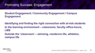 21© 2015 ELLUCIAN. CONFIDENTIAL & PROPRIETARY | Session 12120
Promoting Success: Engagement
Student Engagement / Community Engagement / Campus
Engagement
Identifying and finding the right connection with at-risk students
In the learning environment – classroom, faculty office-hours,
LMS
Outside the ‘classroom’ – advising, residence life, athletics,
campus life
 