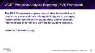 49© 2015 ELLUCIAN. CONFIDENTIAL & PROPRIETARY | Session 12120
WCET Predictive Analytics Reporting (PAR) Framework
The PAR Framework applies descriptive, inferential, and
predictive analytical data mining techniques to a single,
federated dataset to better gauge risks and implement
interventions that remove barriers to student success.
www.parframework.org
 