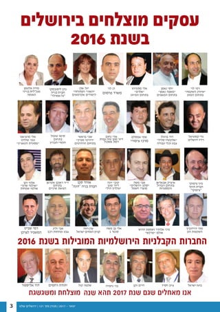 ‫שלנו‬ ‫ירושלים‬ | 121 '‫מס‬ ‫מגזין‬ | 2017 - ‫ינואר‬3
3 / ‫שלנו‬ ‫ירושלים‬ ‫מגזין‬ / 109 ‫מס׳‬ / 2016 ‫ינואר‬
BRL
‫בירושלים‬ ‫שהיו‬ ‫המוצלחים‬ ‫העסקים‬
?2015 ‫בשנת‬
‫ליסובסקי‬ ‫נדב‬
‫בנייה‬ ‫חברת‬
‫אמרלד‬ ‫גל‬
‫צימוקי‬ ‫פיני‬
‫תיווך‬ ‫חברת‬
‫צימוקי‬
‫אלטמן‬ ‫מירה‬
‫בנייני‬ ‫מנכ״לית‬
‫האומה‬
‫המוצלחים‬ ‫העסקים‬ ‫כי‬ ‫עולה‬ ‫קוראיו‬ ‫בקרב‬ ‫שלנו״‬ ‫״ירושלים‬ ‫מגזין‬ ‫שערך‬ ‫מבדיקה‬
:‫הם‬ 2015 ‫בשנת‬ ‫לירושלמים‬ ‫ביותר‬ ‫והאהודים‬
‫רווה‬ ‫ערן‬
‫ישראל‬ ‫האחים‬ ‫קניון‬
‫ישראל‬ ‫בועז‬
‫ומשגשגת‬ ‫מוצלחת‬ ‫תהיה‬ 2016 ‫שנת‬ ‫שגם‬ ‫מאחלים‬ ‫אנו‬
‫גולן‬ ‫טובי‬
‫ירושלים‬ ‫מטי‬
2015 ‫בשנת‬ ‫המוצלחים‬ ‫הירושלמים‬ ‫הקבלנים‬
‫קסטיאל‬ ‫גדי‬
‫ירושלים‬ ‫רדיו‬
‫בירושלים‬ ‫מוצלחים‬ ‫עסקים‬
2016 ‫בשנת‬
2016 ‫בשנת‬ ‫המובילות‬ ‫הירושלמיות‬ ‫הקבלניות‬ ‫החברות‬
‫ומשגשגת‬ ‫מוצלחת‬ ‫שנה‬ ‫תה‬ 2017 ‫שנת‬ ‫שגם‬ ‫מאחלים‬ ‫אנו‬
3 / ‫שלנו‬ ‫ירושלים‬ ‫מגזין‬ / 109 ‫מס׳‬ / 2016 ‫ינואר‬
BRL
‫בירושלים‬ ‫שהיו‬ ‫המוצלחים‬ ‫העסקים‬
?2015 ‫בשנת‬
‫ליסובסקי‬ ‫נדב‬
‫בנייה‬ ‫חברת‬
‫אמרלד‬ ‫גל‬
‫צימוקי‬ ‫פיני‬
‫תיווך‬ ‫חברת‬
‫צימוקי‬
‫אלטמן‬ ‫מירה‬
‫בנייני‬ ‫מנכ״לית‬
‫האומה‬
‫המוצלחים‬ ‫העסקים‬ ‫כי‬ ‫עולה‬ ‫קוראיו‬ ‫בקרב‬ ‫שלנו״‬ ‫״ירושלים‬ ‫מגזין‬ ‫שערך‬ ‫מבדיקה‬
:‫הם‬ 2015 ‫בשנת‬ ‫לירושלמים‬ ‫ביותר‬ ‫והאהודים‬
‫רווה‬ ‫ערן‬
‫ישראל‬ ‫האחים‬ ‫קניון‬
‫ישראל‬ ‫בועז‬
‫ומשגשגת‬ ‫מוצלחת‬ ‫תהיה‬ 2016 ‫שנת‬ ‫שגם‬ ‫מאחלים‬ ‫אנו‬
‫גולן‬ ‫טובי‬
‫ירושלים‬ ‫מטי‬
2015 ‫בשנת‬ ‫המוצלחים‬ ‫הירושלמים‬ ‫הקבלנים‬
‫קסטיאל‬ ‫גדי‬
‫ירושלים‬ ‫רדיו‬‫ציפורי‬ ‫מרכז‬
‫פרסום‬ ‫משרד‬
‫סבן‬ ‫אוהד‬
‫דונה‬ ‫בניה‬ ‫חברת‬
‫שביט‬ ‫רמי‬
‫לצרכן‬ ‫המשביר‬
‫רחמים‬ ‫יהודה‬‫אליספור‬ ‫דוד‬
‫ש‬ 56 ‫לפני‬
‫א‬ ‫דוד‬ ‫ייסד‬
‫מי‬ ‫תוהים‬
‫כות‬ ‫אחרי‬
‫הנחת‬ ‫“אין‬
‫מהעובדים‬
‫בונאנ‬ ‫ליז‬
‫הגי‬ ‫שנים‬
‫ש‬ ‫עד‬ ,‫יוד‬
‫השתלבה‬
‫אנשים‬ ‫על‬
‫שהיא‬ ‫כפי‬ ‫המציאות‬ ‫את‬ ‫מולי‬ ‫מעמיד‬
‫אמ‬ ‫איתו‬ ‫יחד‬ ‫שעובד‬ ,‫השני‬ ‫נכדו‬ -
‫הבנייה‬ ‫בענף‬ ‫חידושים‬ ‫הרבה‬ ‫יש‬
‫אלי‬ ‫דוד‬
‫מה‬
‫אליספור‬ ‫דוד‬ ‫א‬
 