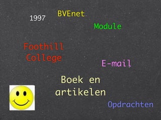 BVEnet
 1997
                 Module

Foothill
 College
                  E-mail
         Boek en
        artikelen
                    Opdrachten
 
