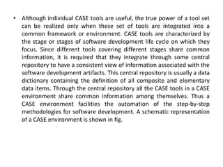 • Although individual CASE tools are useful, the true power of a tool set
can be realized only when these set of tools are integrated into a
common framework or environment. CASE tools are characterized by
the stage or stages of software development life cycle on which they
focus. Since different tools covering different stages share common
information, it is required that they integrate through some central
repository to have a consistent view of information associated with the
software development artifacts. This central repository is usually a data
dictionary containing the definition of all composite and elementary
data items. Through the central repository all the CASE tools in a CASE
environment share common information among themselves. Thus a
CASE environment facilities the automation of the step-by-step
methodologies for software development. A schematic representation
of a CASE environment is shown in fig.
 