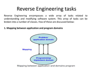Reverse Engineering tasks
Reverse Engineering encompasses a wide array of tasks related to
understanding and modifying software system. This array of tasks can be
broken into a number of classes. Few of these are discussed below:
1. Mapping between application and program domains
 