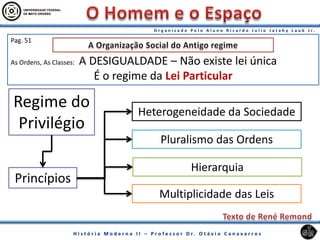 Pag. 51
As Ordens, As Classes: A DESIGUALDADE – Não existe lei única
É o regime da Lei Particular
Princípios
Heterogeneidade da Sociedade
Pluralismo das Ordens
Hierarquia
Regime do
Privilégio
Multiplicidade das Leis
 