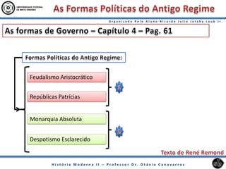 Monarquia Absoluta
Feudalismo Aristocrático
Despotismo Esclarecido
Repúblicas Patrícias
 
