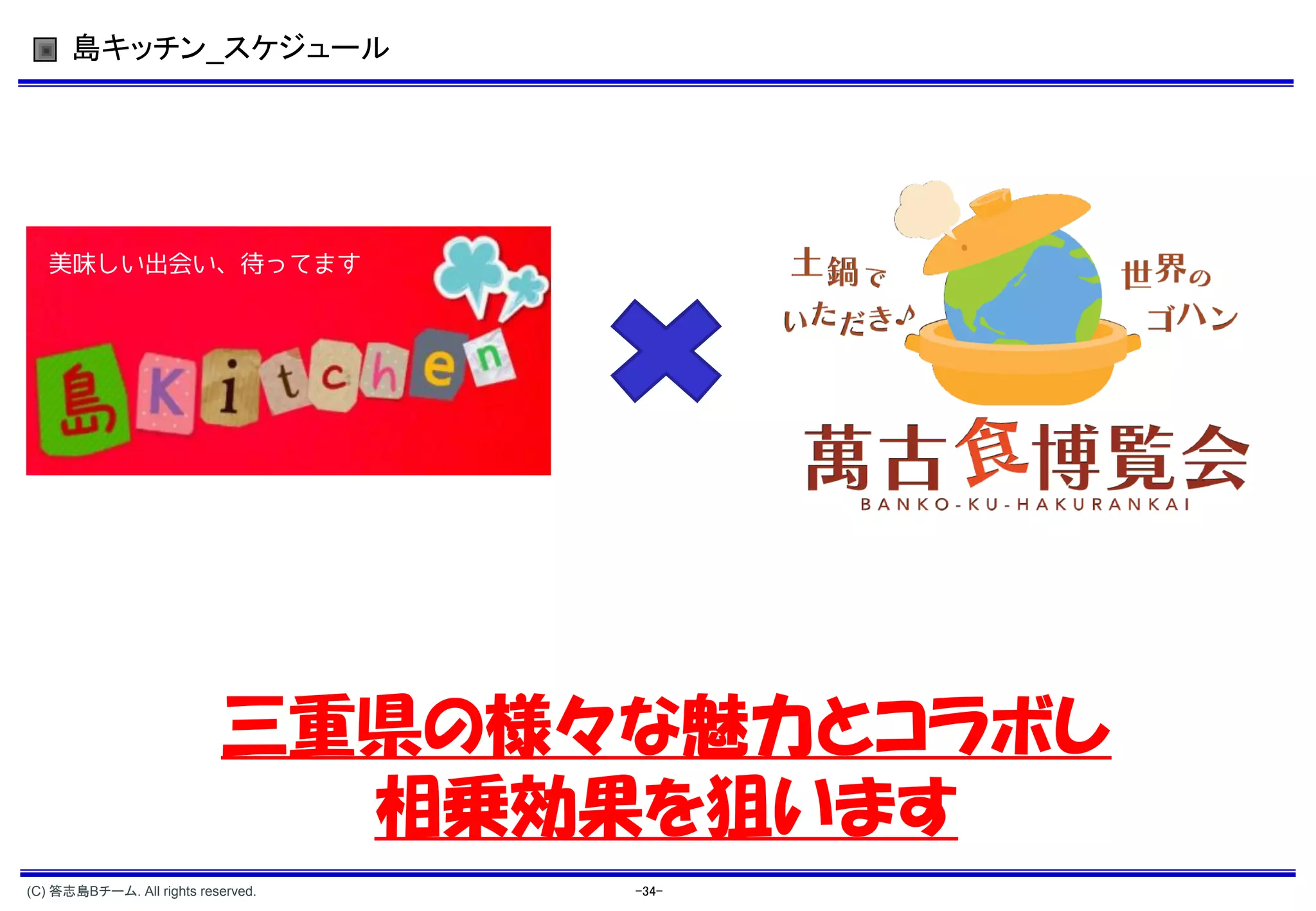 島キッチン_スケジュール




   美味しい出会い、待ってます




                           三重県の様々な魅力とコラボし
                             相乗効果を狙います
(C) 答志島Bチーム. All rights reserved.   -34-
 