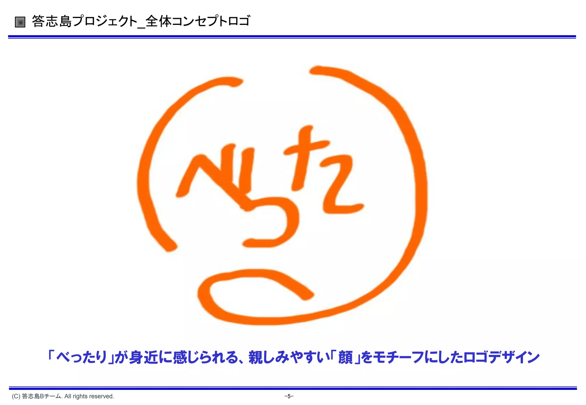 答志島プロジェクト_全体コンセプトロゴ




           「べったり」が身近に感じられる、親しみやすい「顔」をモチーフにしたロゴデザイン

(C) 答志島Bチーム. All rights reserved.   -5-
 
