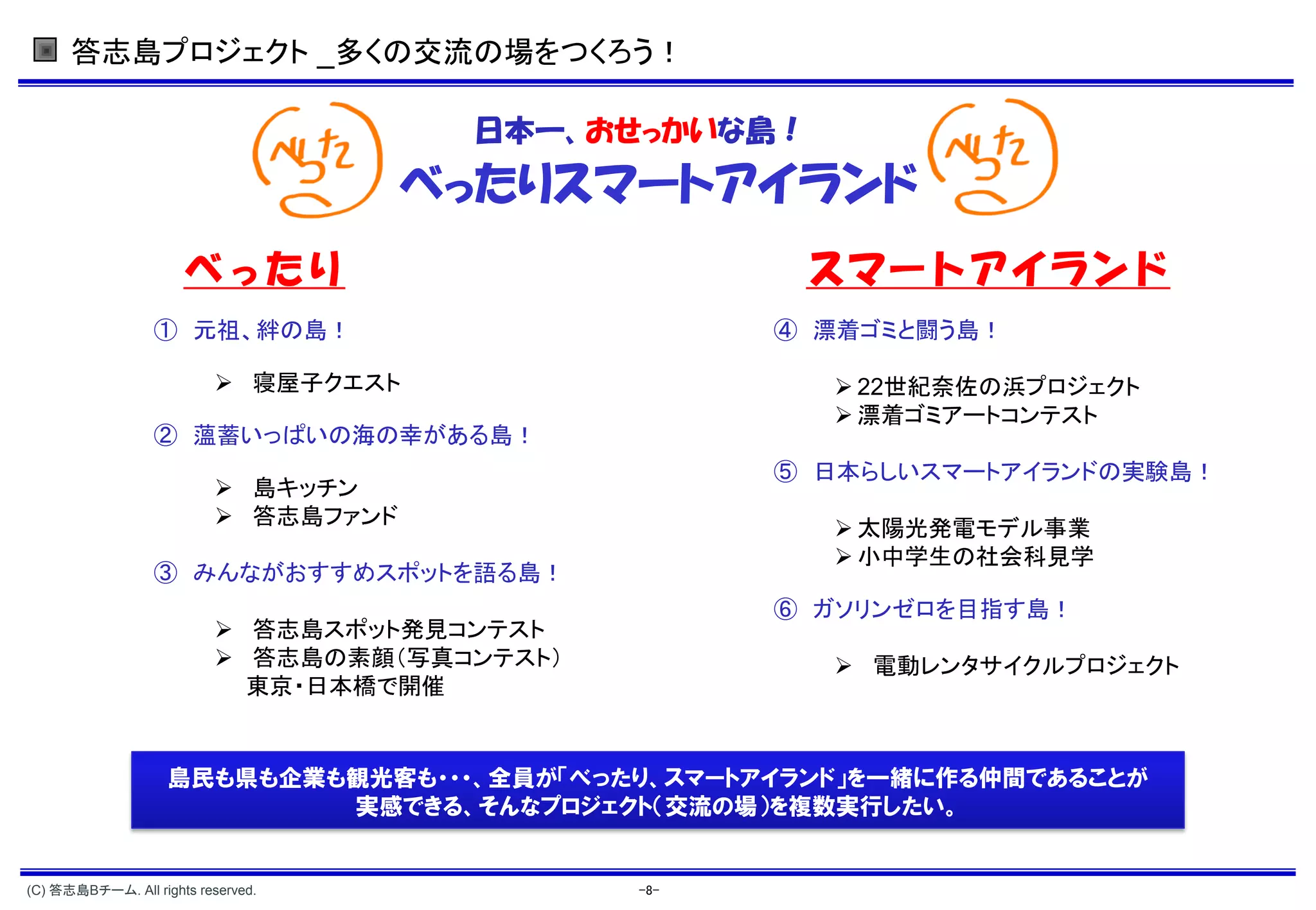 答志島プロジェクト _多くの交流の場をつくろう！

                                       日本一、おせっかいな島！
                                      べったりスマートアイランド
                      べったり                            スマートアイランド
                  ① 元祖、絆の島！                         ④ 漂着ゴミと闘う島！

                           寝屋子クエスト                    22世紀奈佐の浜プロジェクト
                                                       漂着ゴミアートコンテスト
                  ② 薀蓄いっぱいの海の幸がある島！
                                                    ⑤ 日本らしいスマートアイランドの実験島！
                           島キッチン
                           答志島ファンド
                                                       太陽光発電モデル事業
                                                       小中学生の社会科見学
                  ③ みんながおすすめスポットを語る島！
                                                    ⑥ ガソリンゼロを目指す島！
                           答志島スポット発見コンテスト
                           答志島の素顔（写真コンテスト）            電動レンタサイクルプロジェクト
                            東京・日本橋で開催


                    島民も県も企業も観光客も・・・、全員が「べったり、スマートアイランド」を一緒に作る仲間であることが
                            実感できる、そんなプロジェクト（交流の場）を複数実行したい。


(C) 答志島Bチーム. All rights reserved.             -8-
 