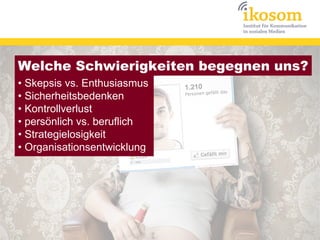 Welche Schwierigkeiten begegnen uns?
• Skepsis vs. Enthusiasmus
• Sicherheitsbedenken
• Kontrollverlust
• persönlich vs. beruflich
• Strategielosigkeit
• Organisationsentwicklung
 