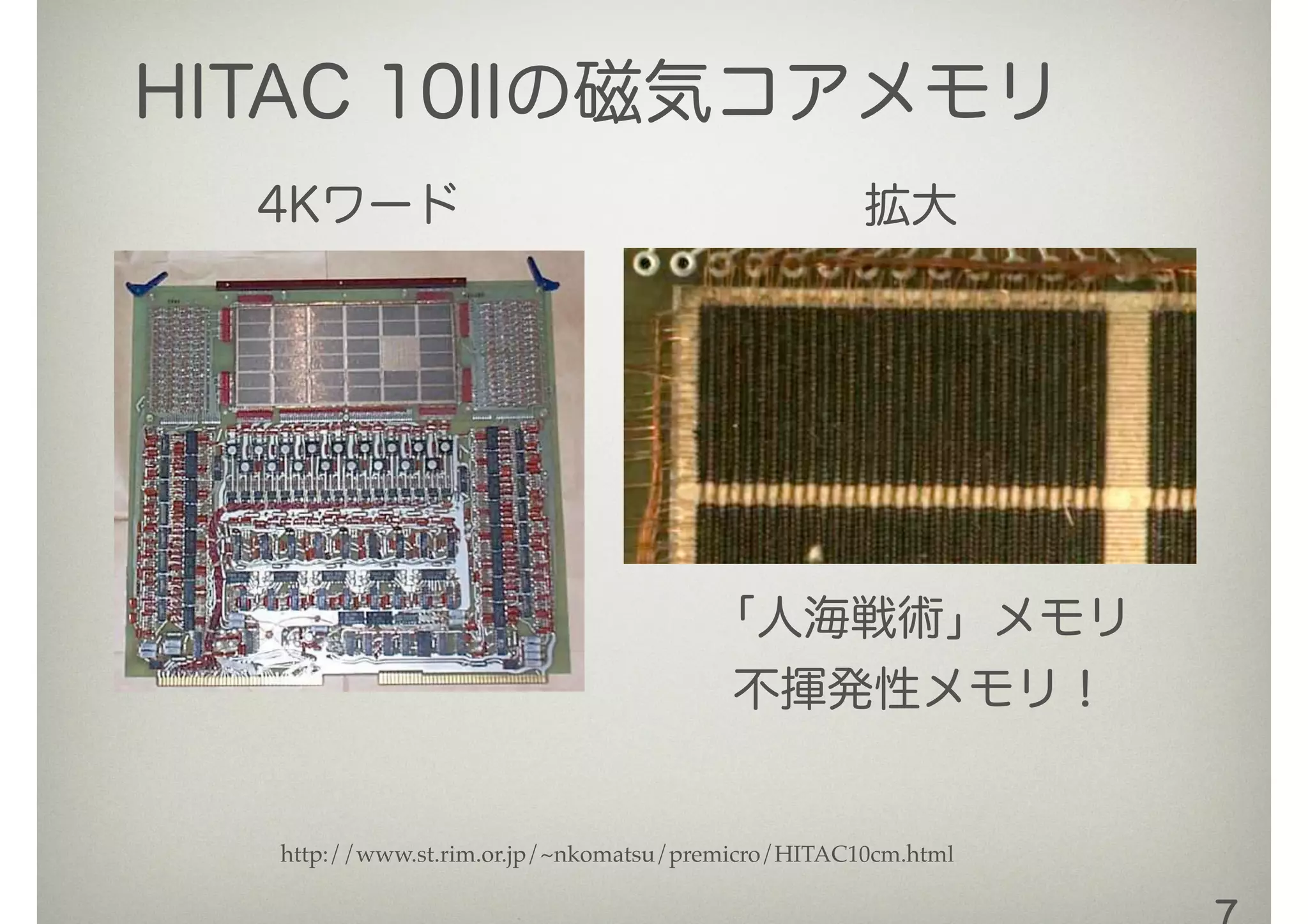 HITAC 10IIの磁気コアメモリ
http://www.st.rim.or.jp/~nkomatsu/premicro/HITAC10cm.html
4Kワード 拡大
「人海戦術」メモリ
不揮発性メモリ！
 