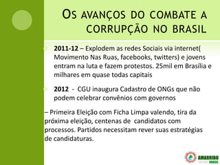 O S AVANÇOS DO COMBATE A
              CORRUPÇÃO NO BRASIL
   2011-12 – Explodem as redes Sociais via internet(
    Movimento Nas Ruas, facebooks, twitters) e jovens
    entram na luta e fazem protestos. 25mil em Brasília e
    milhares em quase todas capitais
   2012 - CGU inaugura Cadastro de ONGs que não
    podem celebrar convênios com governos
– Primeira Eleição com Ficha Limpa valendo, tira da
próxima eleição, centenas de candidatos com
processos. Partidos necessitam rever suas estratégias
de candidaturas.
 