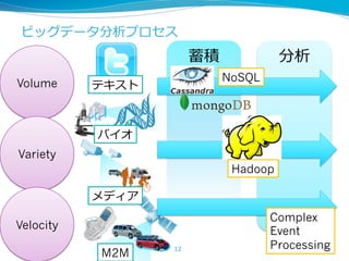 ビッグデータ分析プロセス
                       蓄積             分析
                            NoSQL
Volume     テキスト



           バイオ
Variety
                             Hadoop

           メディア
                                    Complex
Velocity
                                    Event
                  12                Processing
           M2M
 