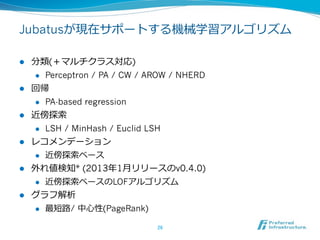 Jubatusが現在サポートする機械学習アルゴリズム

l    分類(＋マルチクラス対応)
      l  Perceptron / PA / CW / AROW / NHERD

l    回帰
      l  PA-based regression

l    近傍探索索
      l  LSH / MinHash / Euclid LSH

l    レコメンデーション
      l  近傍探索索ベース

l    外れ値検知* (2013年年1⽉月リリースのv0.4.0)
      l  近傍探索索ベースのLOFアルゴリズム

l    グラフ解析
      l  最短路路/ 中⼼心性(PageRank)


                                  26	
 