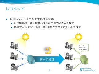 レコメンド

l    レコメンデーションを実現する技術
      l  近傍探索索ベース：特徵ベクトルが似ている⼈人を探す

      l  協調フィルタリングベース：2部グラフ上で近い⼈人を探す




                       7	
 