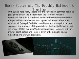 Harry Potter and The Deathly Hallows: A Timeline	With Luna's help Harry sneaks into the Ravenclaw common room to get a good look at the diadem from the statue of Rowena Ravenclaw that is in place there. While in the common room they are spotted by a death eater who signals Voldemort about their location. McGonagall finds Harry and Luna and springs into action to protect the students of Hogwarts from the inevitable battle that will ensue. Within minutes Voldemort arrives at Hogwarts with an army of death eaters and Harry is given until midnight to give himself up or a war will break out.