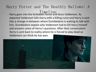 Harry Potter and The Deathly Hallows: A TimelineHarry goes into the forbidden forest and faces Voldemort. As expected Voldemort kills Harry with a Killing curse and Harry is sent into a strange in between where Dumbledore is waiting to talk with him. Dumbledore explain why Voldemort had to kill Harry himself and answers some of Harry's questions. After their conversation Harry is sent back to reality where he is forced to play dead so Voldemort can think he has won.