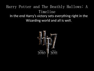 Harry Potter and The Deathly Hallows: A TimelineIn the end Harry’s victory sets everything right in the Wizarding world and all is well. 
