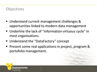 Objectives

 Understand current management challenges &
  opportunities linked to modern data management
 Underline the lack of “information virtuous cycle” in
  most organisations
 Understand the “DataFactory” concept
 Present some real applications in project, program &
  portofolio management.



                                                          3
 