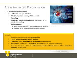 Areas impacted & conclusion
   5 areas for change management
       Leadership : new type of leaders
       Talent Management : scarcity of data scientists
       Technology
       Data-Driven Decision Making (DDDM) shall replace HiPPO
         style decision making
       Company Culture                                                  Source : http://www.micfarris.com/2011/10/hillion-on-what-is-a-
             From What do we think? : hippo style intuitive decisions   data-scientist/


             To What do we know? decisions based on evidence



Conclusion
       Data-driven decisions tend to be better decision
       Existing decision making processes will mute
       Leaders will either embrace this or be replaced by others who do
       ‘Data Science’ will become a key strategic resource for future competitive advantage
       Companies that figure out how to handle domain expertise and 'data science' will have competitive
          advantage on their peers




                                                                                                                                   7
 
