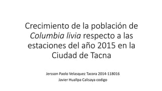 Crecimiento de la población de
Columbia livia respecto a las
estaciones del año 2015 en la
Ciudad de Tacna
Jersson Paolo Velasquez Tacora 2014-118016
Javier Huallpa Calisaya codigo
 