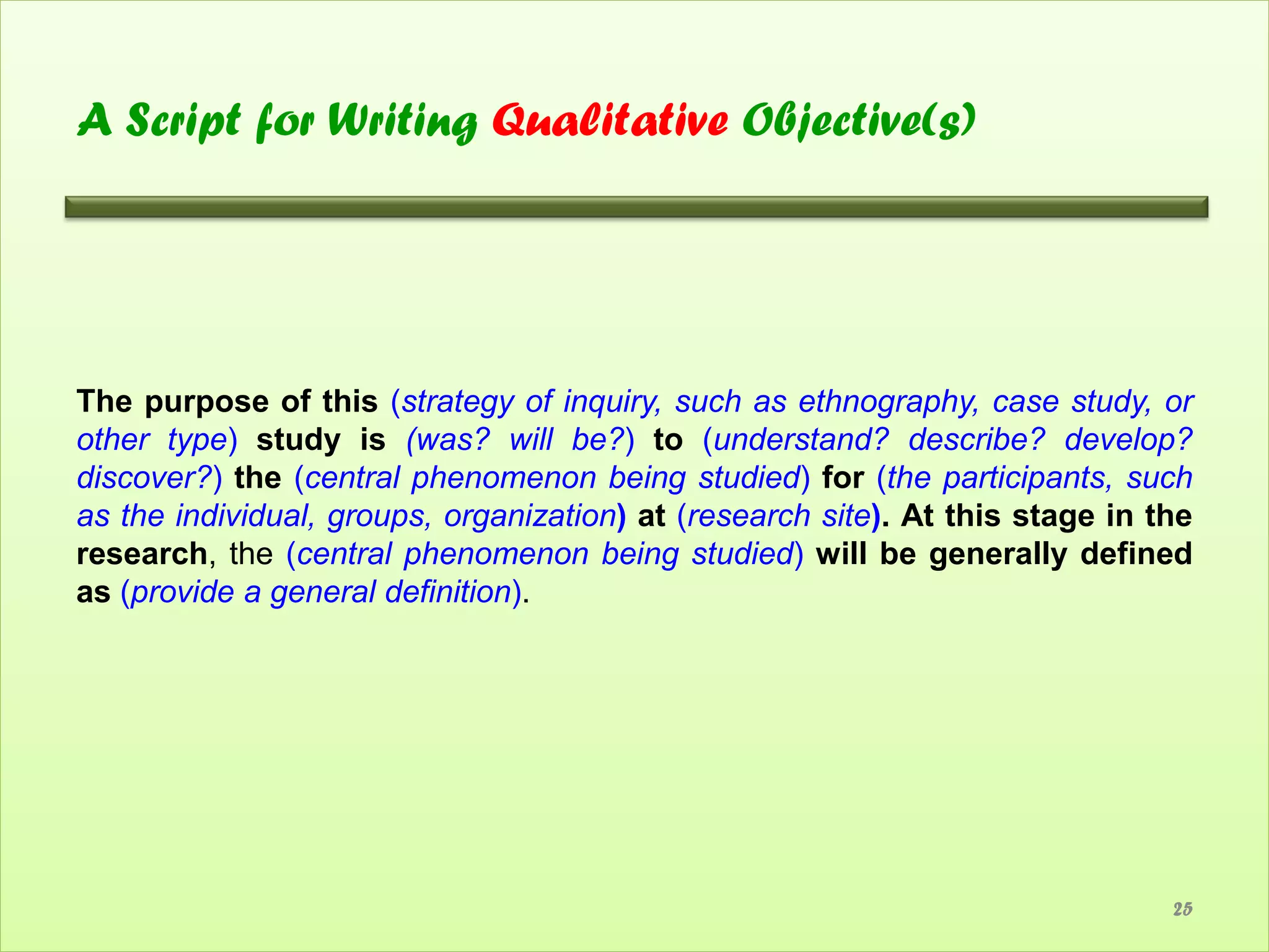 A Script for Writing Qualitative Objective(s)




The purpose of this (strategy of inquiry, such as ethnography, case study, or
other type) study is (was? will be?) to (understand? describe? develop?
discover?) the (central phenomenon being studied) for (the participants, such
as the individual, groups, organization) at (research site). At this stage in the
research, the (central phenomenon being studied) will be generally defined
as (provide a general definition).




                                                                               25
 
