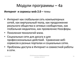 Модули программы – 4а
Интернет и сервисы web 2.0 – темы

• Интернет как глобальная сеть компьютерных
  сетей, как виртуальный театр, как продолжение
  реального общества в сетевых сообществах, как
  глобальная медиатека, как проявление Ноосферы.
• Поколения технологий www.
• Социальные сети для досуга и для
  профессиональных действий. Cравнение веб-
  сервисов в разных порталах и социальных сетях.
• Проблемы доступа в Интернет и совместной работы
  в сети.
                   © В.В.Анненков Информационная
14.12.2012                                         15
                          культура личности
 