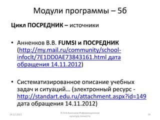 Модули программы – 5б
 Цикл ПОСРЕДНИК – источники

 • Анненков В.В. FUMSI и ПОСРЕДНИК
   (http://my.mail.ru/community/school-
   infoclt/7E1DD0AE73843161.html дата
   обращения 14.11.2012)

 • Систематизированное описание учебных
   задач и ситуаций… (электронный ресурс -
   http://standart.edu.ru/attachment.aspx?id=149
   дата обращения 14.11.2012)
                   © В.В.Анненков Информационная
14.12.2012                                         19
                          культура личности
 