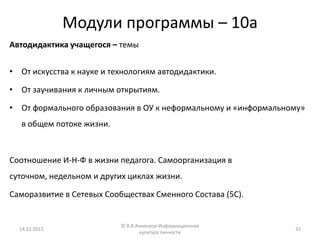Модули программы – 10а
Автодидактика учащегося – темы


• От искусства к науке и технологиям автодидактики.

• От заучивания к личным открытиям.

• От формального образования в ОУ к неформальному и «информальному»
  в общем потоке жизни.



Соотношение И-Н-Ф в жизни педагога. Самоорганизация в
суточном, недельном и других циклах жизни.

Саморазвитие в Сетевых Сообществах Сменного Состава (5С).


                           © В.В.Анненков Информационная
  14.12.2012                                                    33
                                  культура личности
 