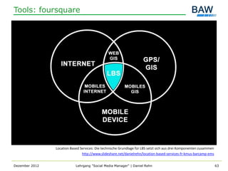 Tools: foursquare




                Location Based Services: Die technische Grundlage für LBS setzt sich aus drei Komponenten zusammen
                                http://www.slideshare.net/danielrehn/location-based-services-fr-kmus-barcamp-ems


Dezember 2012               Lehrgang "Social Media Manager" | Daniel Rehn                                            63
 