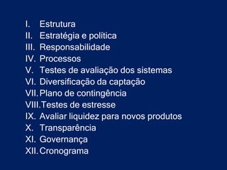 I. Estrutura
II. Estratégia e política
III. Responsabilidade
IV. Processos
V. Testes de avaliação dos sistemas
VI. Diversificação da captação
VII. Plano de contingência
VIII.Testes de estresse
IX. Avaliar liquidez para novos produtos
X. Transparência
XI. Governança
XII. Cronograma
 