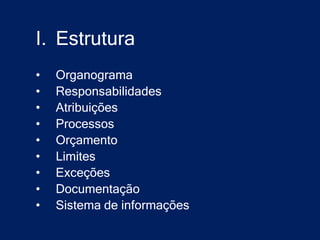 I. Estrutura
•   Organograma
•   Responsabilidades
•   Atribuições
•   Processos
•   Orçamento
•   Limites
•   Exceções
•   Documentação
•   Sistema de informações
 